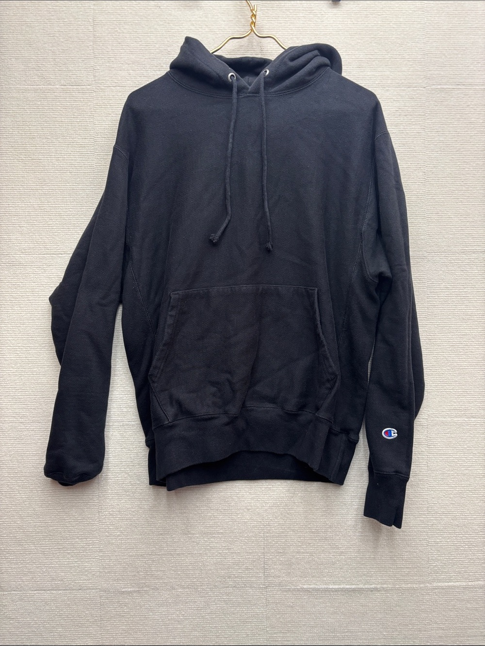 Champion Black Pullover Hoodie with Sleeve Logo reverse weave large